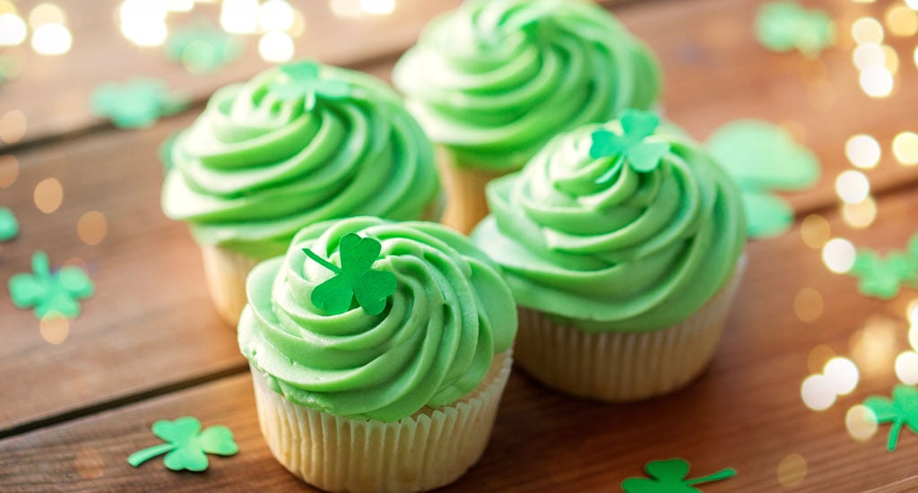 St. Patrick's Day Cupcakes decorated with shamrocks